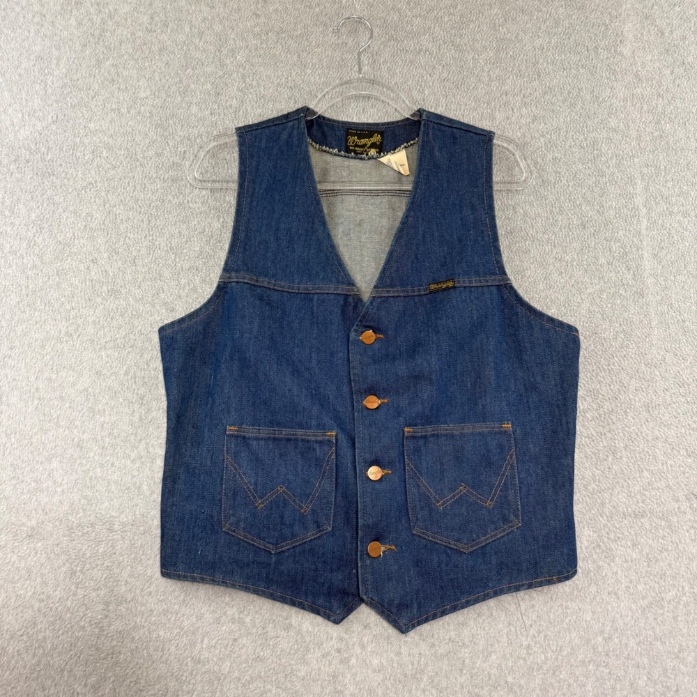 Wrangler Denim Vest Mens Large 80s Blue Vintage USA Made No-Fault Cotton VU301NV